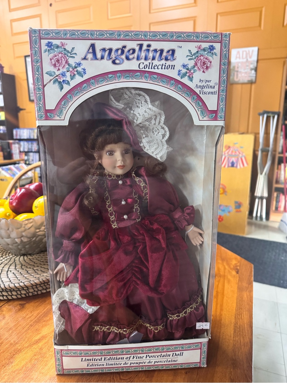 Burgundy Porcelain Doll by Angelina Visconti